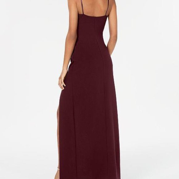 Emerald Sundae Juniors' Wine High Slit Gown Dress - Picture 4 of 10